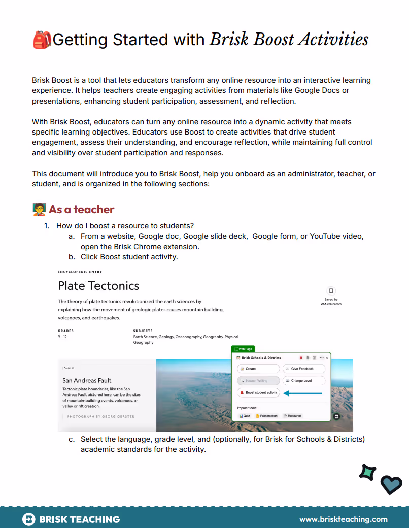 A website that teaches how to use Brisk Boost activities.